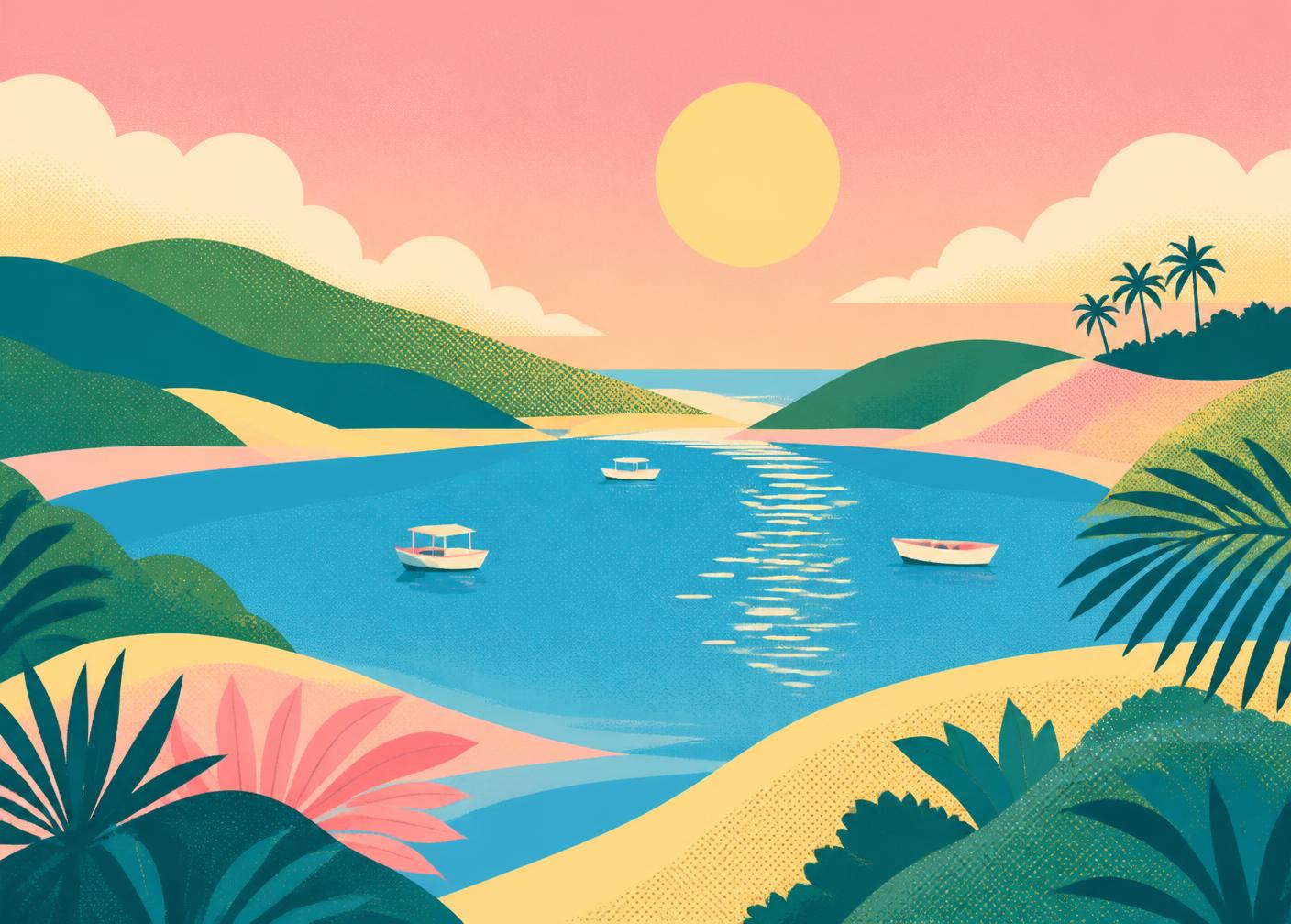 Ilustração da lagoa cercada por dunas e morros verdes