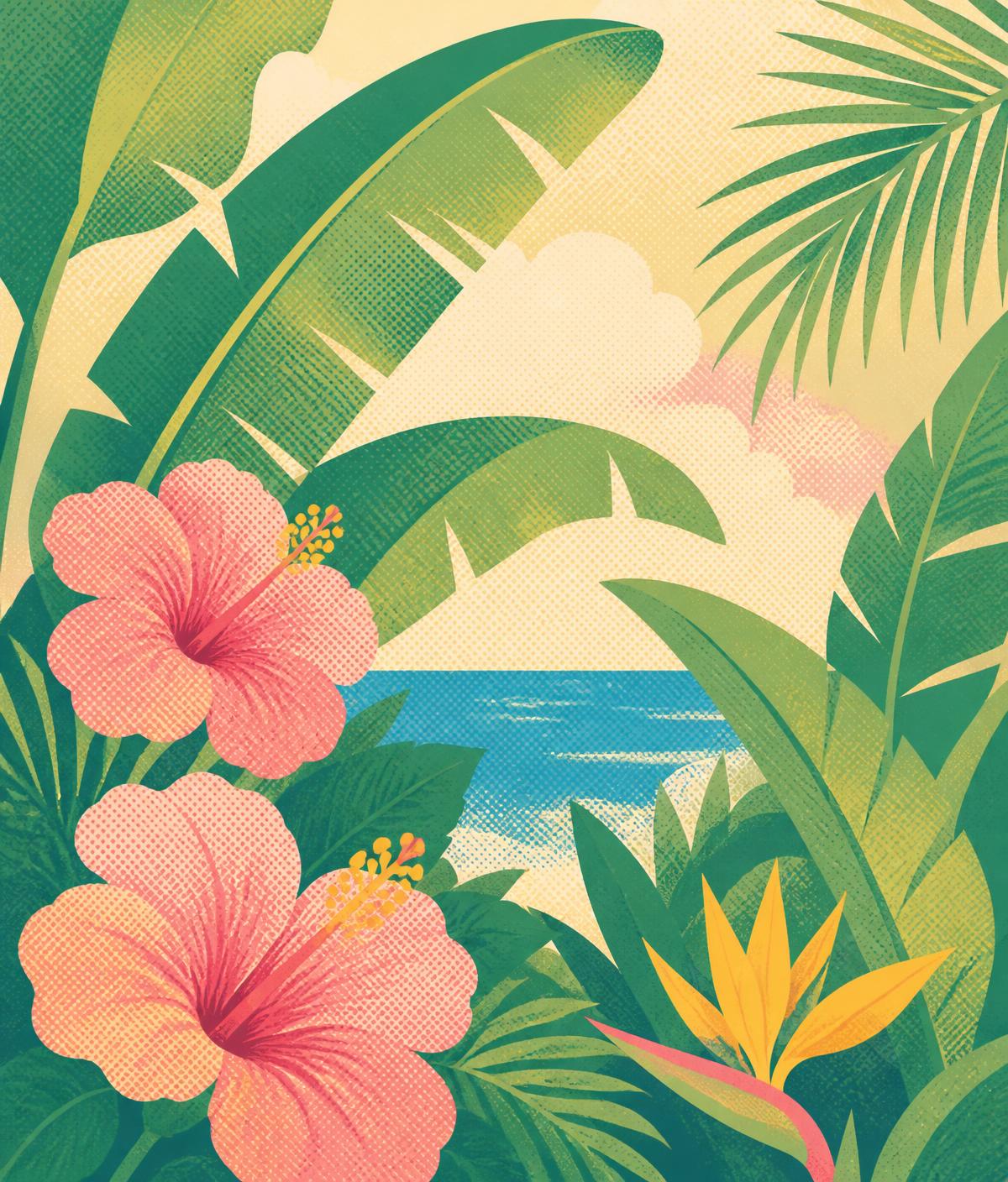 Ilustração de vegetação tropical com hibiscos e o mar ao fundo